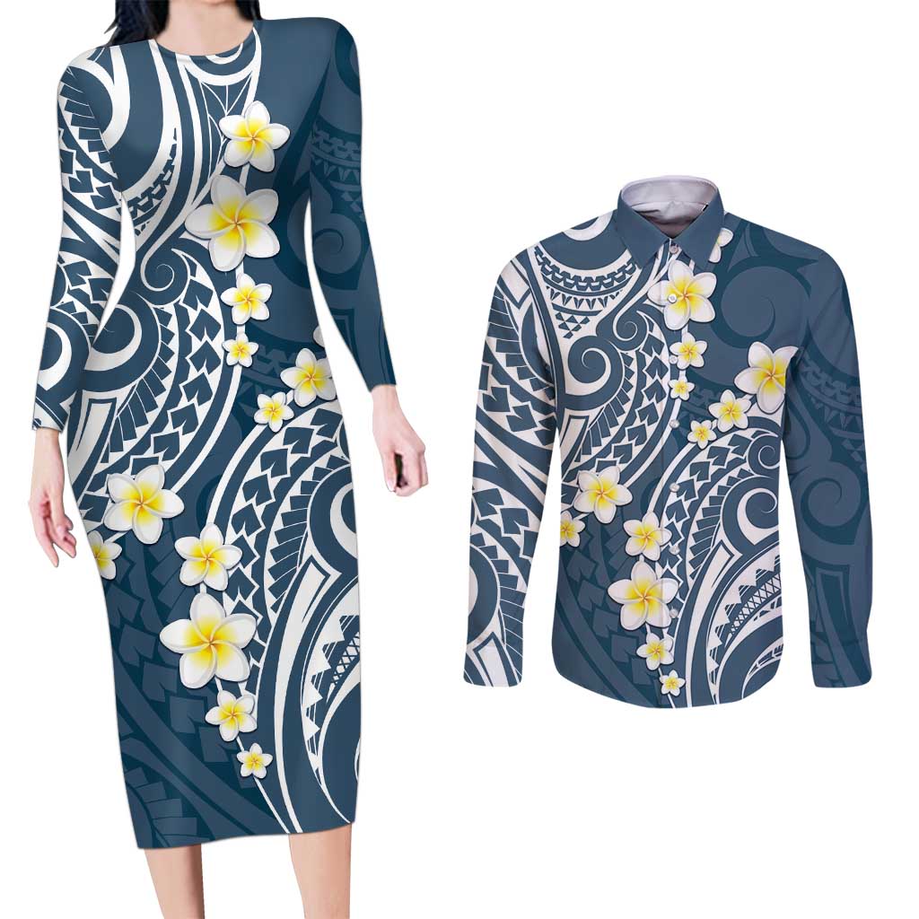 Plumeria With Blue Polynesian Tattoo Pattern Couples Matching Long Sleeve Bodycon Dress and Long Sleeve Button Shirt LT05 Blue - Polynesian Pride