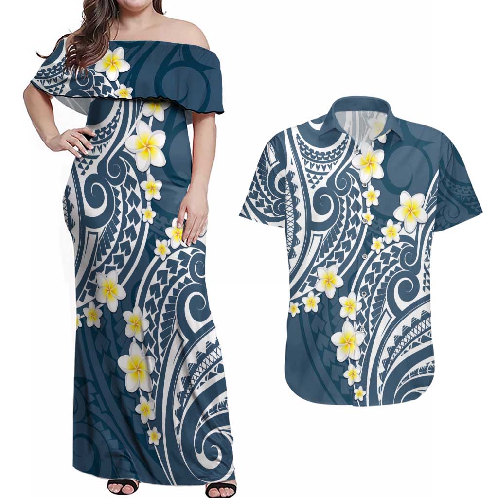 Plumeria With Blue Polynesian Tattoo Pattern Couples Matching Off Shoulder Maxi Dress and Hawaiian Shirt