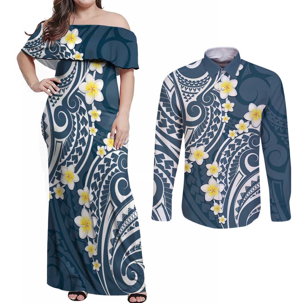 Plumeria With Blue Polynesian Tattoo Pattern Couples Matching Off Shoulder Maxi Dress and Long Sleeve Button Shirt LT05 Blue - Polynesian Pride