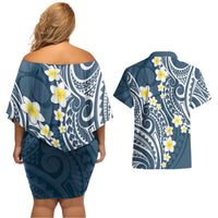 Plumeria With Blue Polynesian Tattoo Pattern Couples Matching Off Shoulder Short Dress and Hawaiian Shirt LT05 - Polynesian Pride