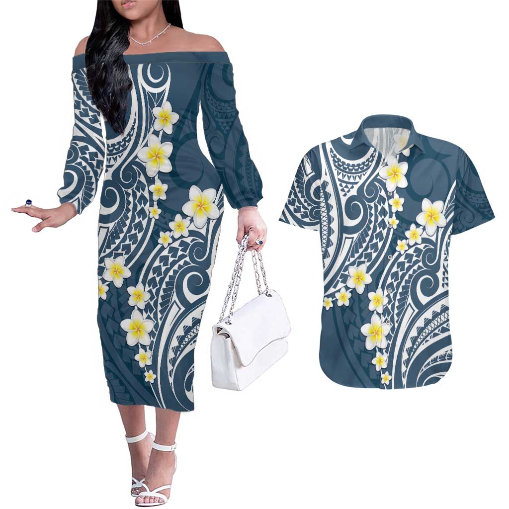 Plumeria With Blue Polynesian Tattoo Pattern Couples Matching Off The Shoulder Long Sleeve Dress and Hawaiian Shirt LT05 Blue - Polynesian Pride