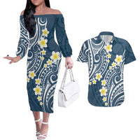 Plumeria With Blue Polynesian Tattoo Pattern Couples Matching Off The Shoulder Long Sleeve Dress and Hawaiian Shirt LT05 Blue - Polynesian Pride