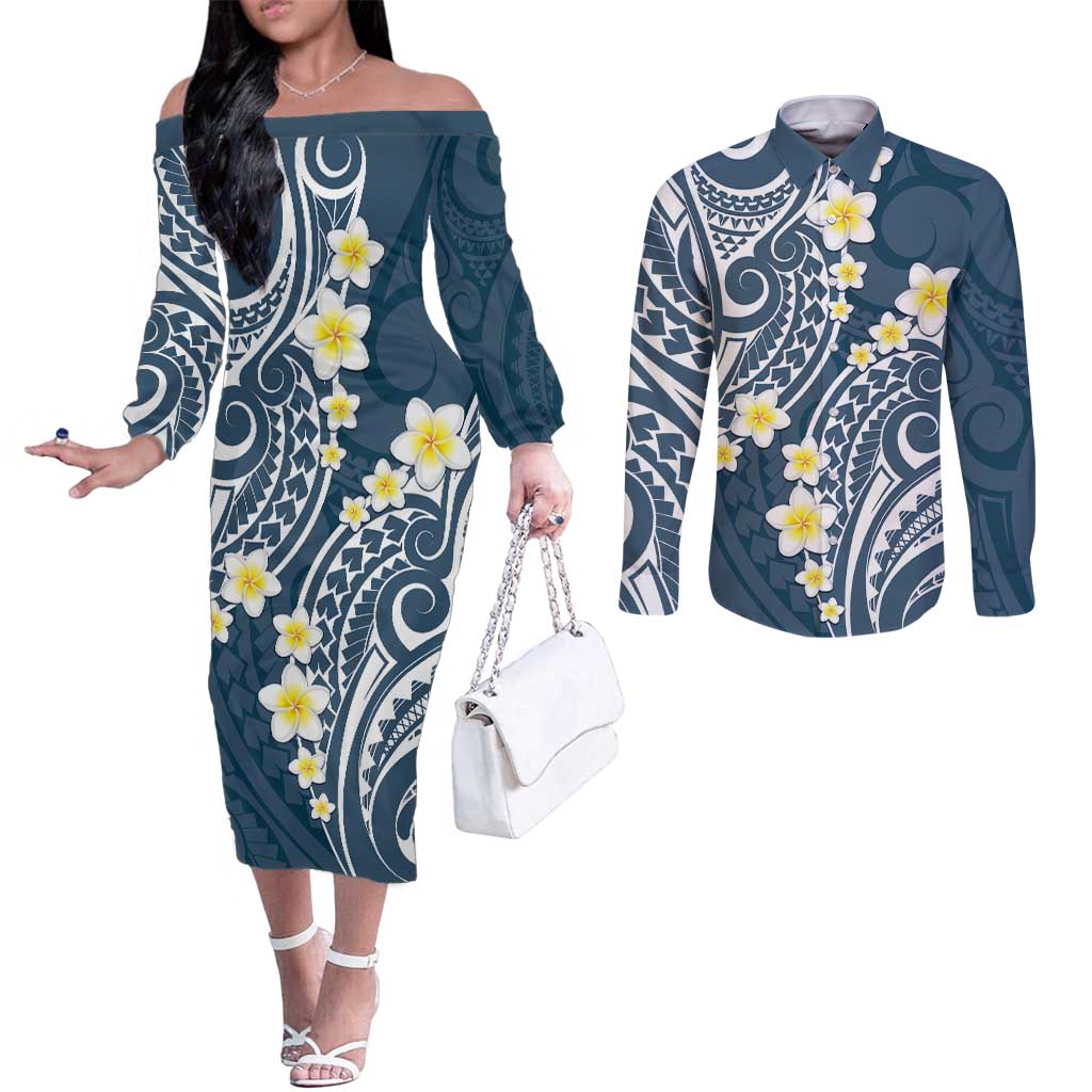 Plumeria With Blue Polynesian Tattoo Pattern Couples Matching Off The Shoulder Long Sleeve Dress and Long Sleeve Button Shirt LT05 Blue - Polynesian Pride