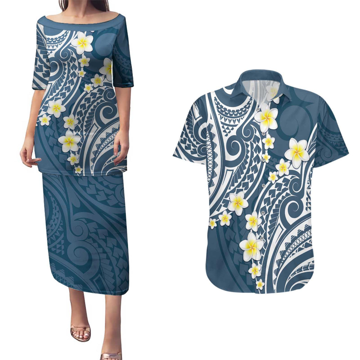 Plumeria With Blue Polynesian Tattoo Pattern Couples Matching Puletasi and Hawaiian Shirt LT05 Blue - Polynesian Pride