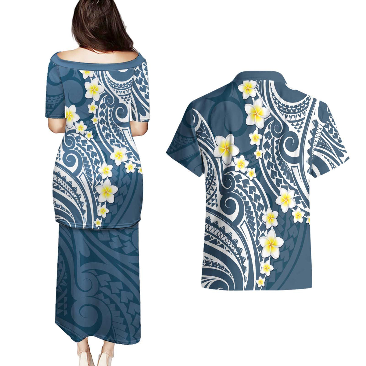Plumeria With Blue Polynesian Tattoo Pattern Couples Matching Puletasi and Hawaiian Shirt LT05 - Polynesian Pride