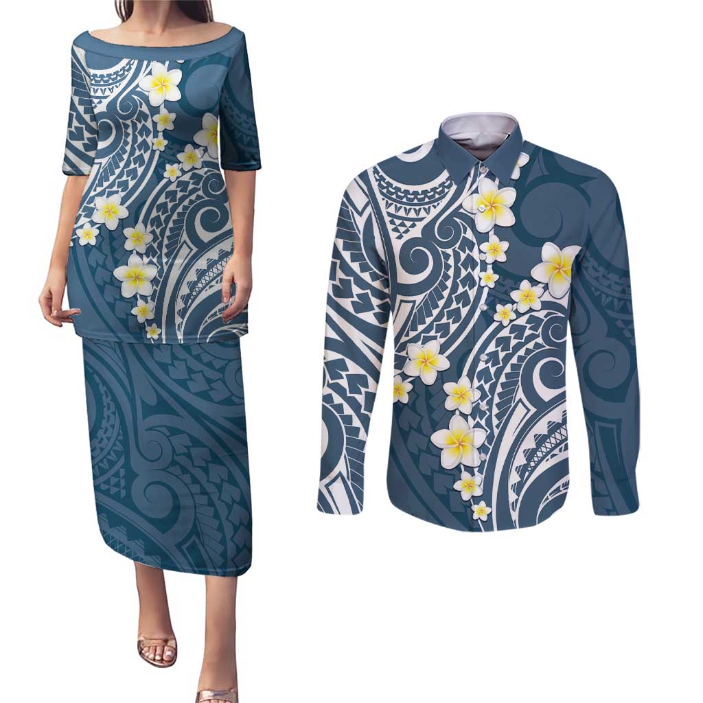 Plumeria With Blue Polynesian Tattoo Pattern Couples Matching Puletasi and Long Sleeve Button Shirt LT05 Blue - Polynesian Pride