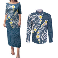 Plumeria With Blue Polynesian Tattoo Pattern Couples Matching Puletasi and Long Sleeve Button Shirt LT05 Blue - Polynesian Pride
