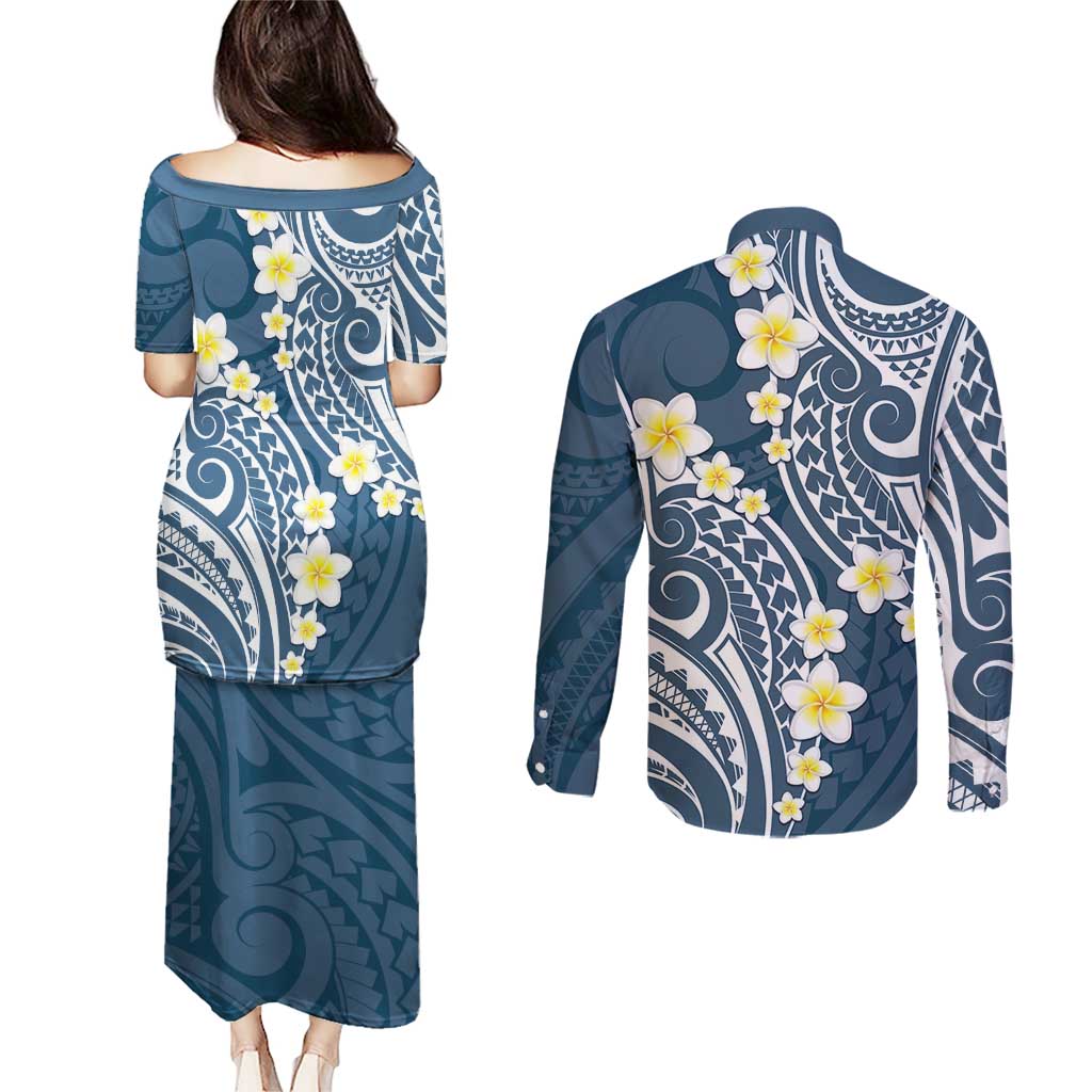 Plumeria With Blue Polynesian Tattoo Pattern Couples Matching Puletasi and Long Sleeve Button Shirt LT05 - Polynesian Pride