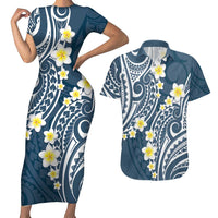 Plumeria With Blue Polynesian Tattoo Pattern Couples Matching Short Sleeve Bodycon Dress and Hawaiian Shirt LT05 Blue - Polynesian Pride