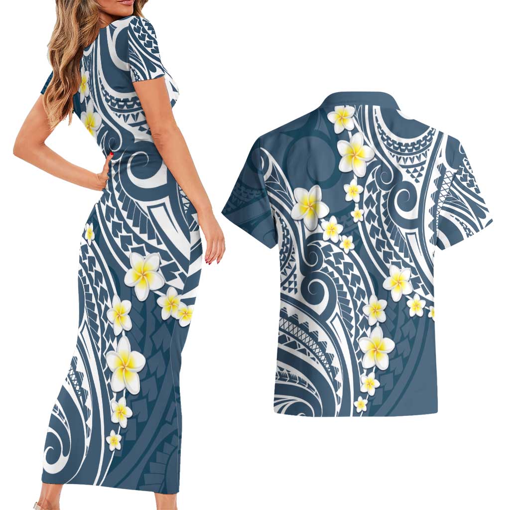 Plumeria With Blue Polynesian Tattoo Pattern Couples Matching Short Sleeve Bodycon Dress and Hawaiian Shirt LT05 - Polynesian Pride