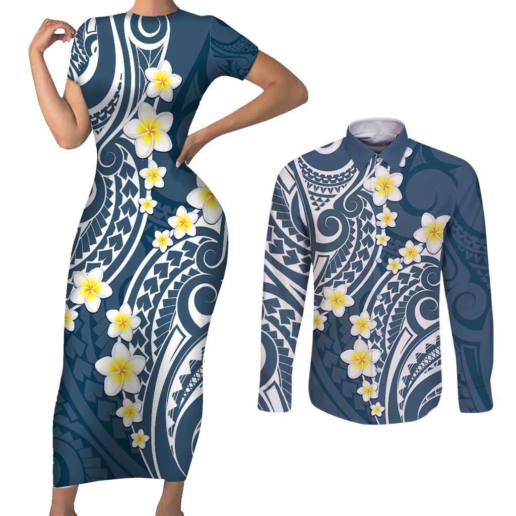 Plumeria With Blue Polynesian Tattoo Pattern Couples Matching Short Sleeve Bodycon Dress and Long Sleeve Button Shirt LT05 Blue - Polynesian Pride