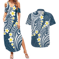 Plumeria With Blue Polynesian Tattoo Pattern Couples Matching Summer Maxi Dress and Hawaiian Shirt LT05 Blue - Polynesian Pride