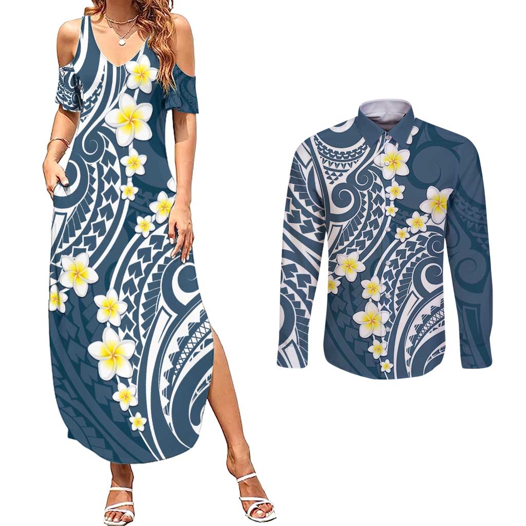 Plumeria With Blue Polynesian Tattoo Pattern Couples Matching Summer Maxi Dress and Long Sleeve Button Shirt LT05 Blue - Polynesian Pride