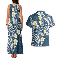 Plumeria With Blue Polynesian Tattoo Pattern Couples Matching Tank Maxi Dress and Hawaiian Shirt LT05 - Polynesian Pride