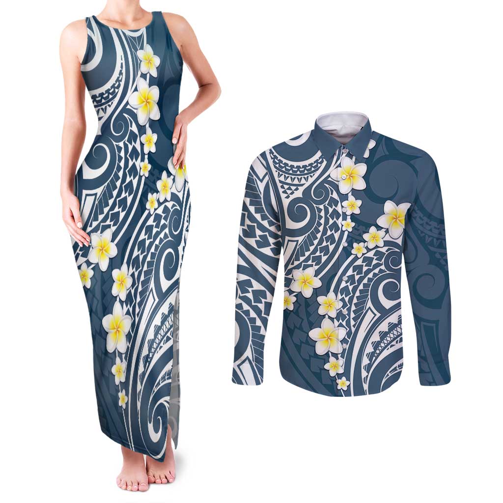 Plumeria With Blue Polynesian Tattoo Pattern Couples Matching Tank Maxi Dress and Long Sleeve Button Shirt LT05 Blue - Polynesian Pride