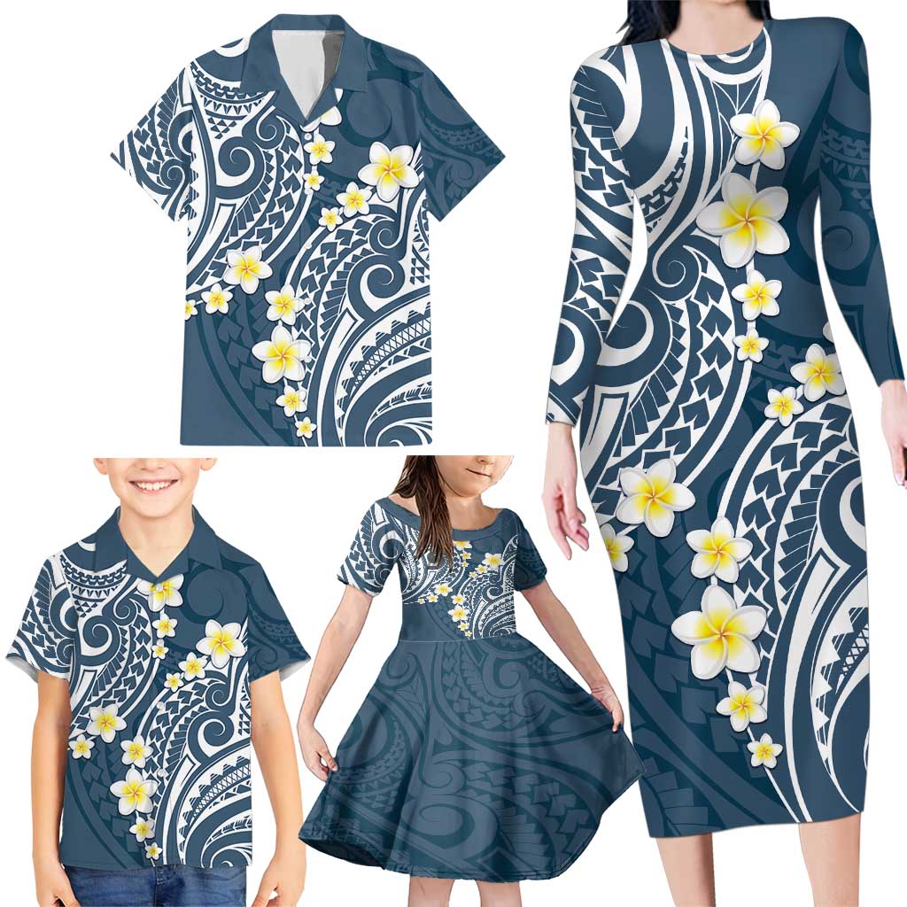 Plumeria With Blue Polynesian Tattoo Pattern Family Matching Long Sleeve Bodycon Dress and Hawaiian Shirt