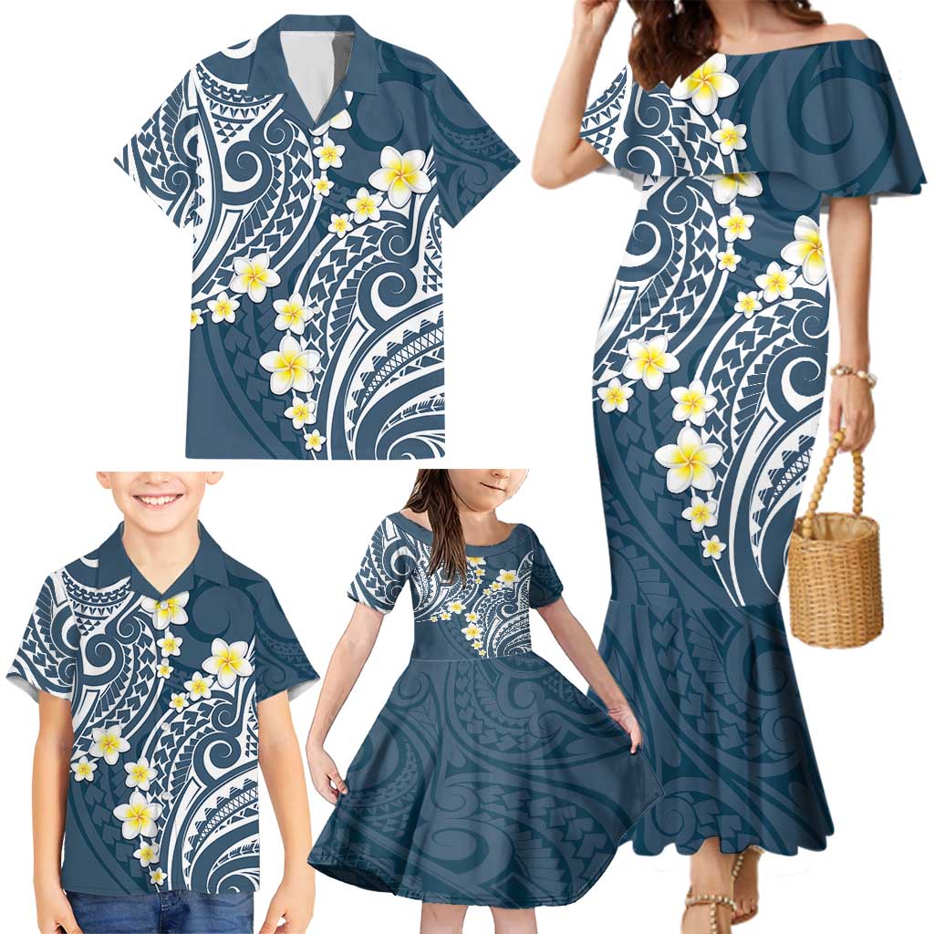 Plumeria With Blue Polynesian Tattoo Pattern Family Matching Mermaid Dress and Hawaiian Shirt LT05 - Polynesian Pride