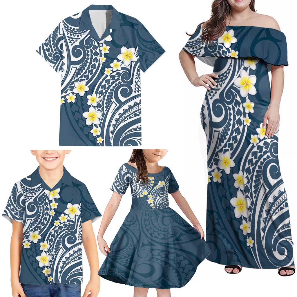 Plumeria With Blue Polynesian Tattoo Pattern Family Matching Off Shoulder Maxi Dress and Hawaiian Shirt LT05 - Polynesian Pride