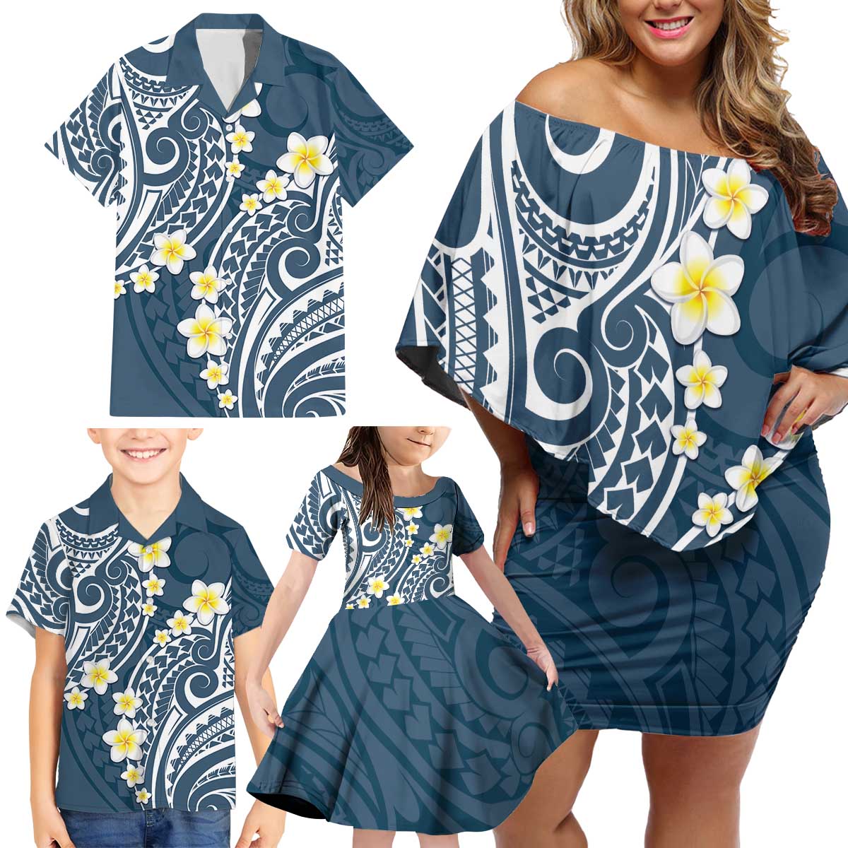 Plumeria With Blue Polynesian Tattoo Pattern Family Matching Off Shoulder Short Dress and Hawaiian Shirt LT05 - Polynesian Pride