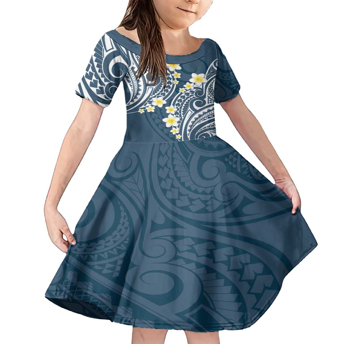 Plumeria With Blue Polynesian Tattoo Pattern Family Matching Puletasi and Hawaiian Shirt LT05 Daughter's Dress Blue - Polynesian Pride
