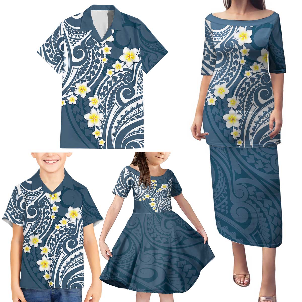Plumeria With Blue Polynesian Tattoo Pattern Family Matching Puletasi and Hawaiian Shirt LT05 - Polynesian Pride