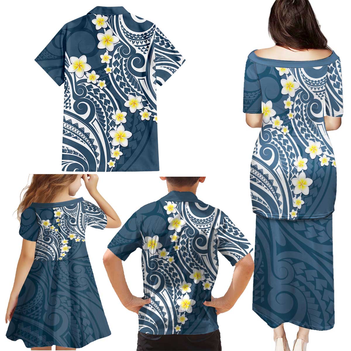 Plumeria With Blue Polynesian Tattoo Pattern Family Matching Puletasi and Hawaiian Shirt LT05 - Polynesian Pride