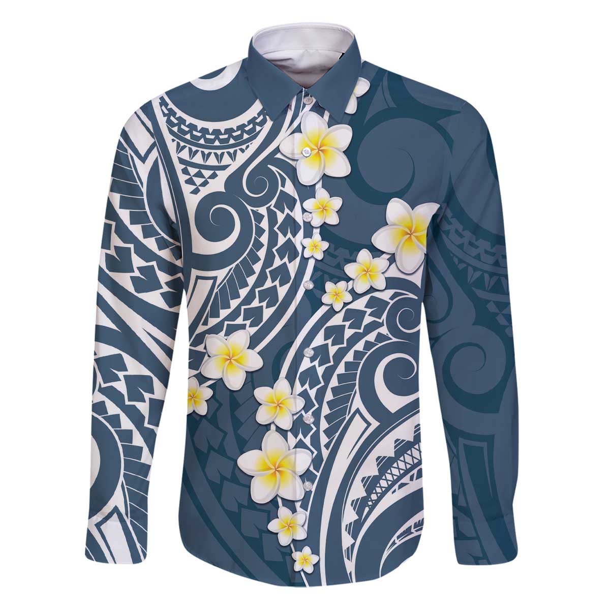 Plumeria With Blue Polynesian Tattoo Pattern Family Matching Puletasi and Hawaiian Shirt LT05 Dad's Shirt - Long Sleeve Blue - Polynesian Pride