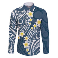 Plumeria With Blue Polynesian Tattoo Pattern Family Matching Puletasi and Hawaiian Shirt LT05 Dad's Shirt - Long Sleeve Blue - Polynesian Pride