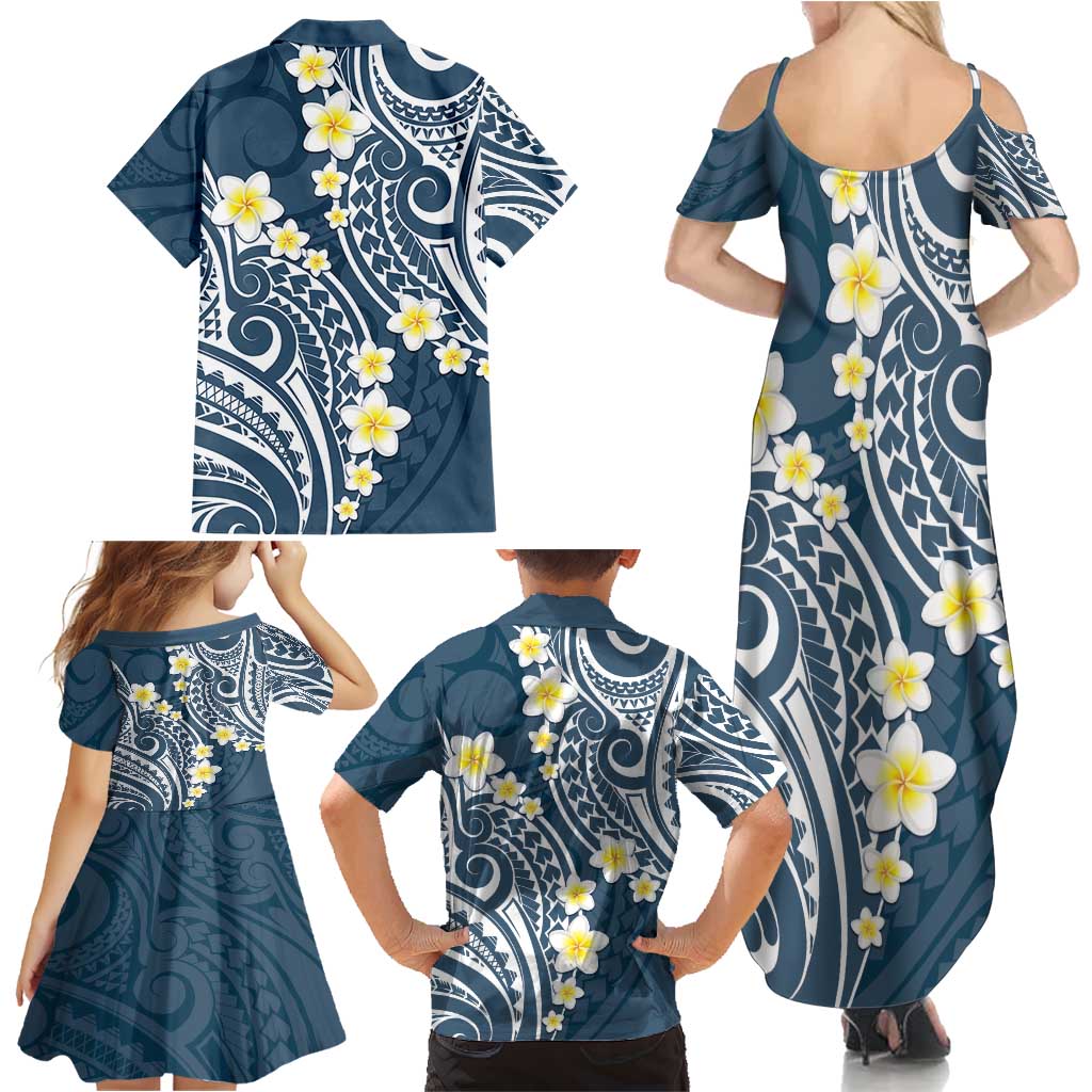 Plumeria With Blue Polynesian Tattoo Pattern Family Matching Summer Maxi Dress and Hawaiian Shirt LT05 - Polynesian Pride