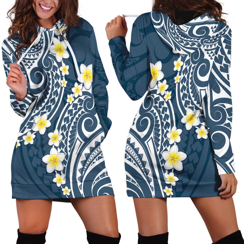 Plumeria With Blue Polynesian Tattoo Pattern Hoodie Dress LT05 - Polynesian Pride