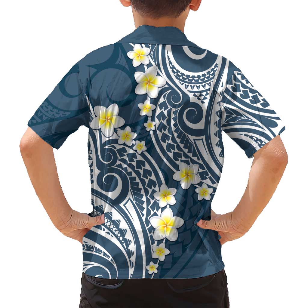 Plumeria With Blue Polynesian Tattoo Pattern Kid Hawaiian Shirt