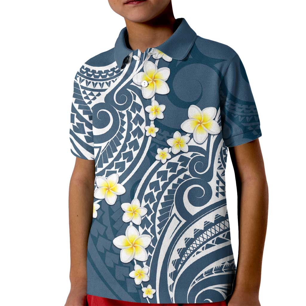 Plumeria With Blue Polynesian Tattoo Pattern Kid Polo Shirt
