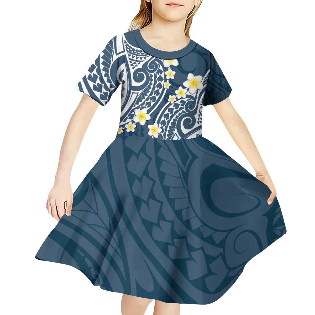 Plumeria With Blue Polynesian Tattoo Pattern Kid Short Sleeve Dress