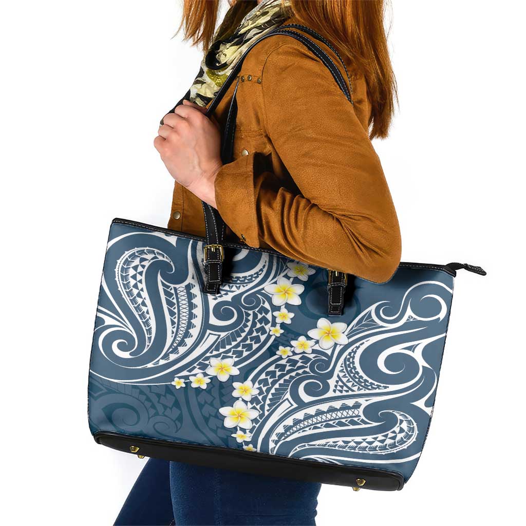 Plumeria With Blue Polynesian Tattoo Pattern Leather Tote Bag LT05 Blue - Polynesian Pride