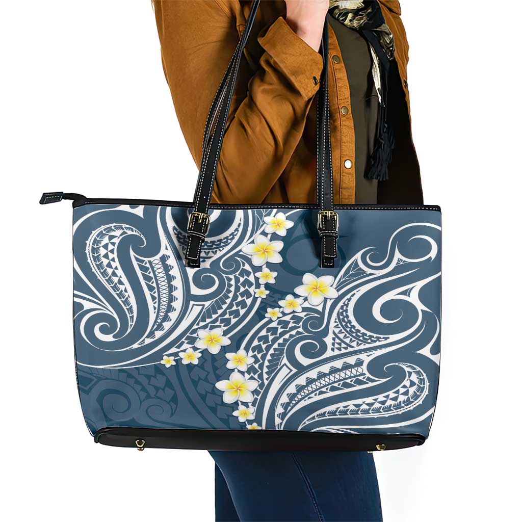 Plumeria With Blue Polynesian Tattoo Pattern Leather Tote Bag LT05 - Polynesian Pride