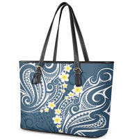 Plumeria With Blue Polynesian Tattoo Pattern Leather Tote Bag LT05 - Polynesian Pride