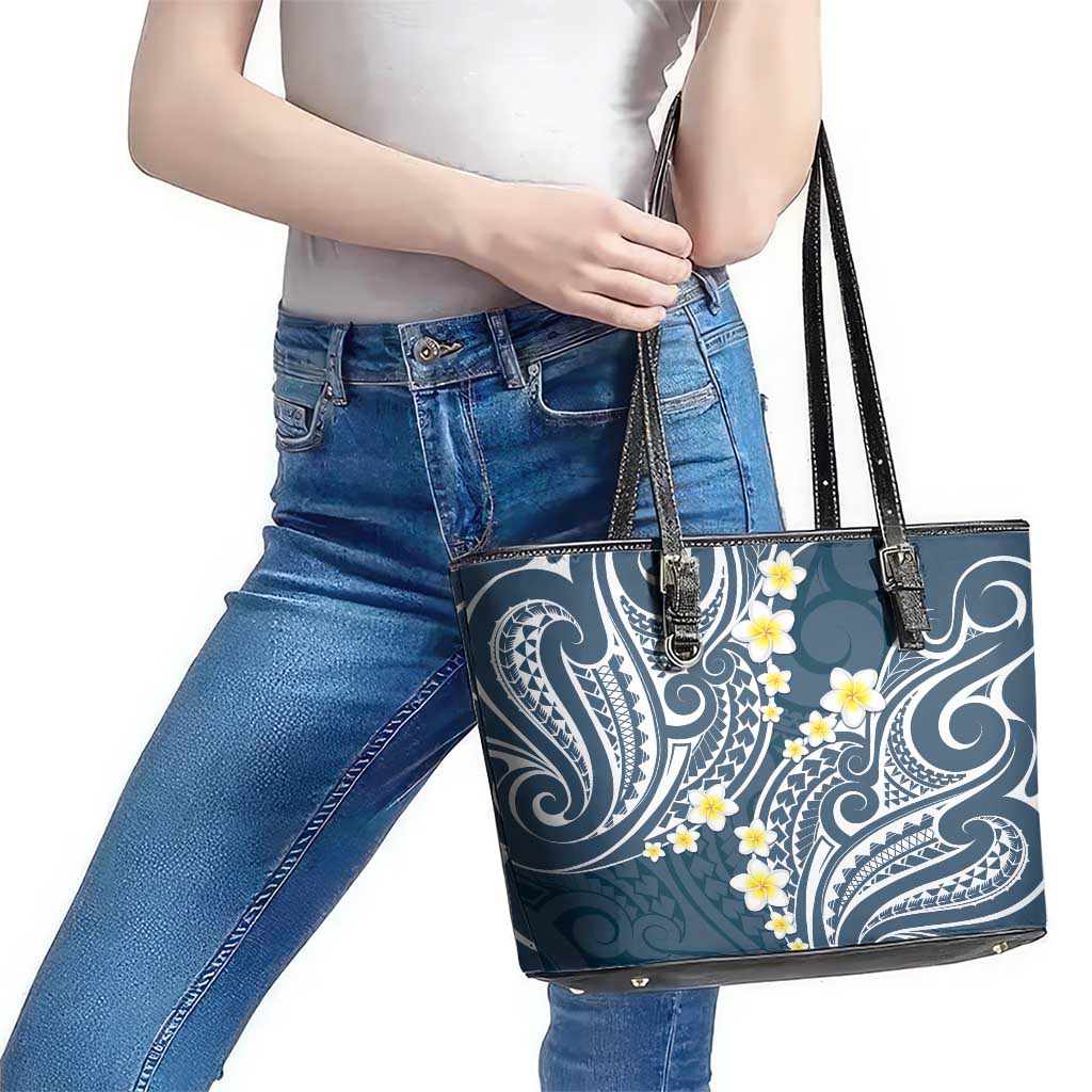 Plumeria With Blue Polynesian Tattoo Pattern Leather Tote Bag LT05 - Polynesian Pride