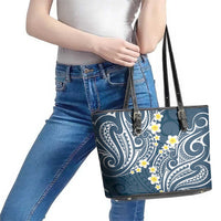 Plumeria With Blue Polynesian Tattoo Pattern Leather Tote Bag LT05 - Polynesian Pride