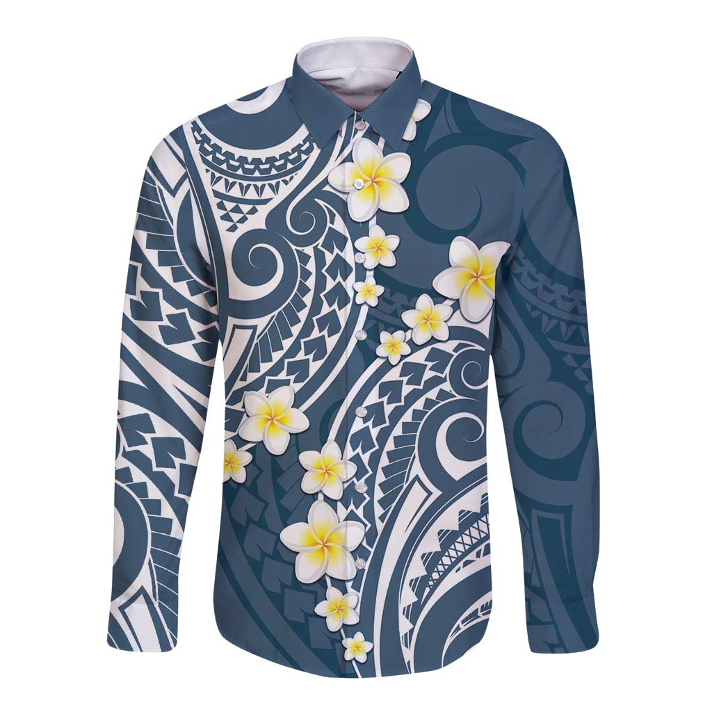 Plumeria With Blue Polynesian Tattoo Pattern Long Sleeve Button Shirt