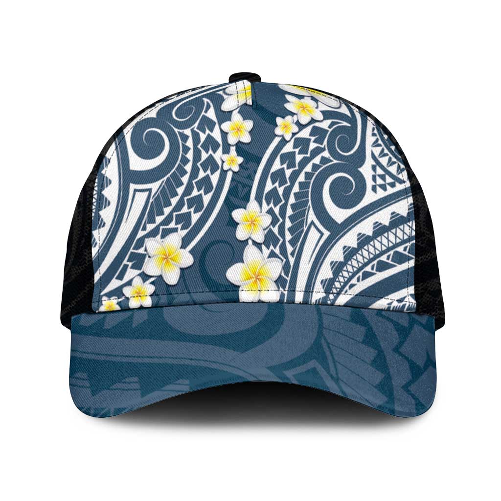 Plumeria With Blue Polynesian Tattoo Pattern Mesh Trucker Cap - Polynesian Pride