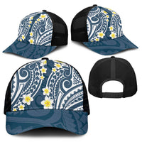 Plumeria With Blue Polynesian Tattoo Pattern Mesh Trucker Cap - Polynesian Pride