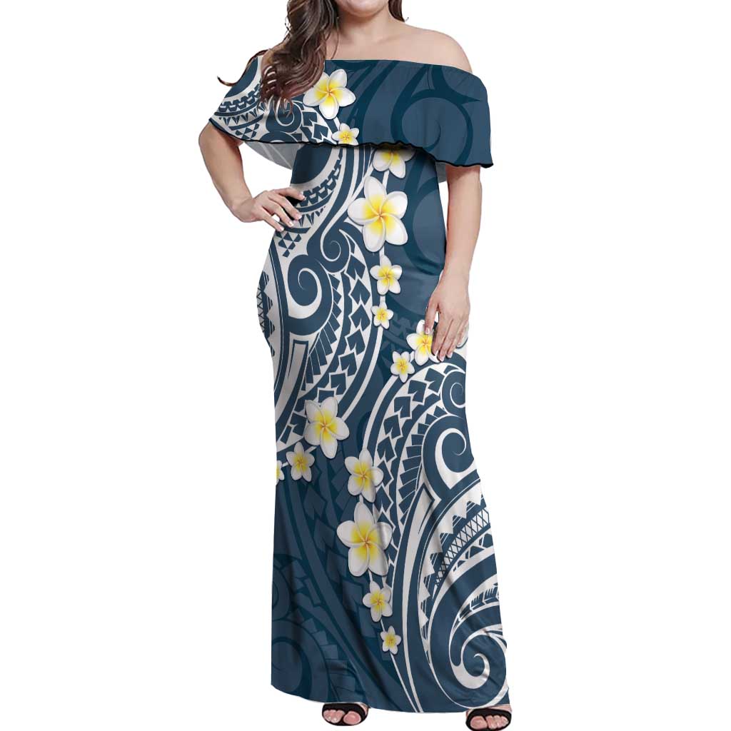 Plumeria With Blue Polynesian Tattoo Pattern Off Shoulder Maxi Dress LT05 Women Blue - Polynesian Pride