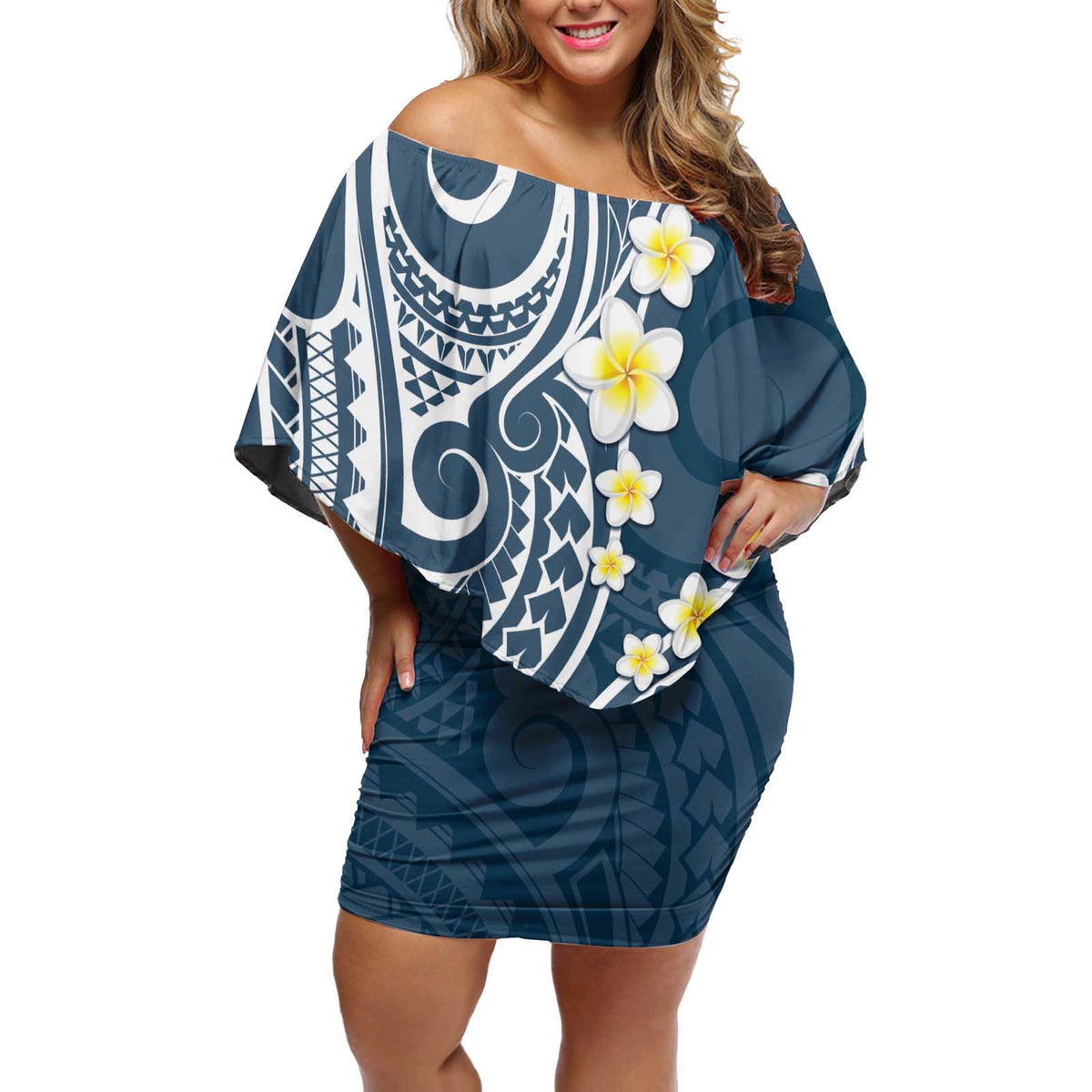 Plumeria With Blue Polynesian Tattoo Pattern Off Shoulder Short Dress LT05 Women Blue - Polynesian Pride