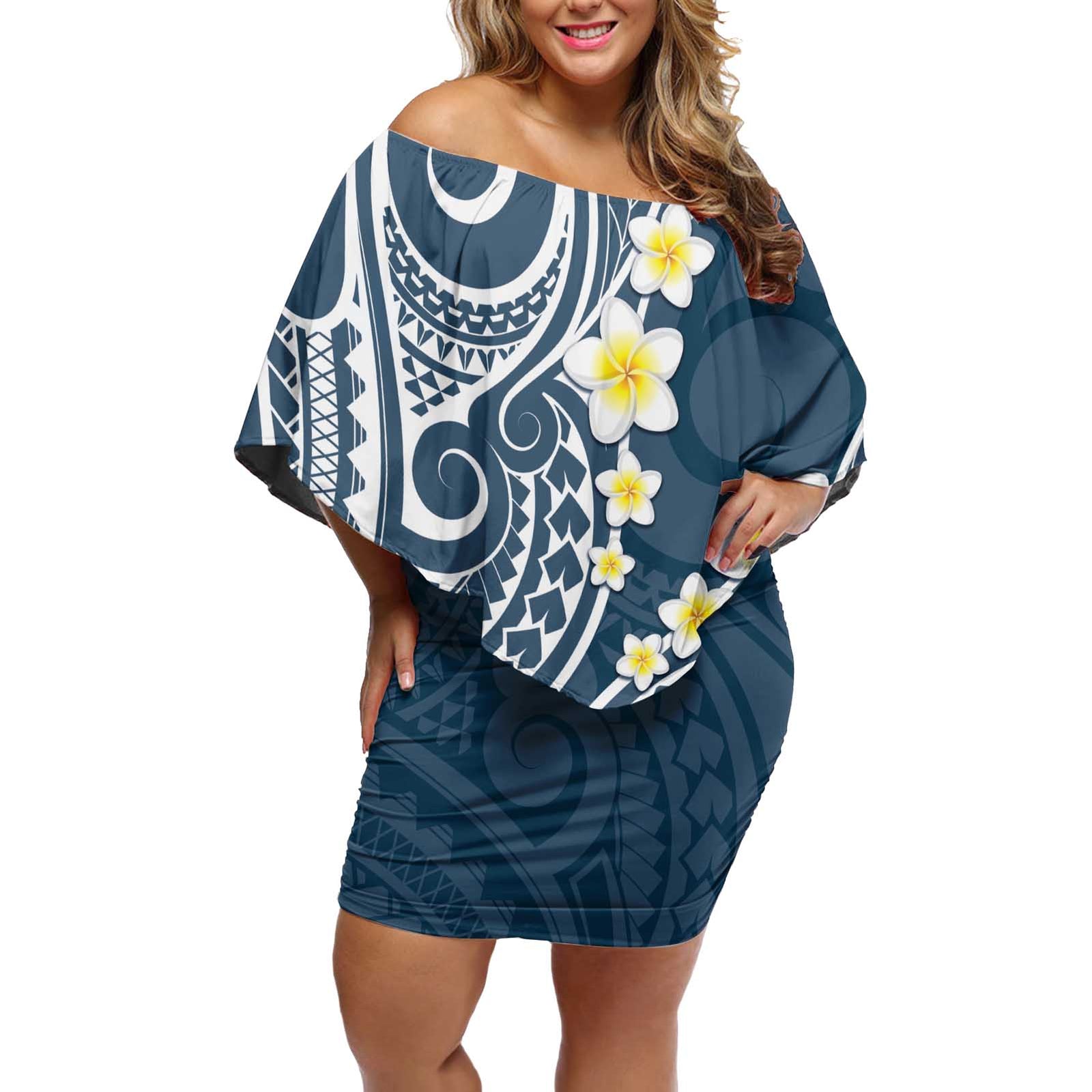 Plumeria With Blue Polynesian Tattoo Pattern Off Shoulder Short Dress LT05 Women Blue - Polynesian Pride