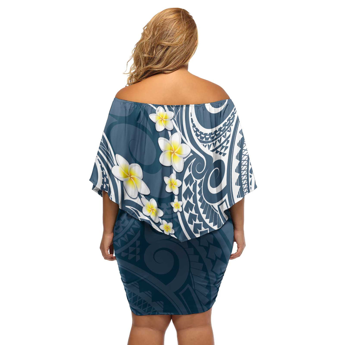Plumeria With Blue Polynesian Tattoo Pattern Off Shoulder Short Dress LT05 - Polynesian Pride