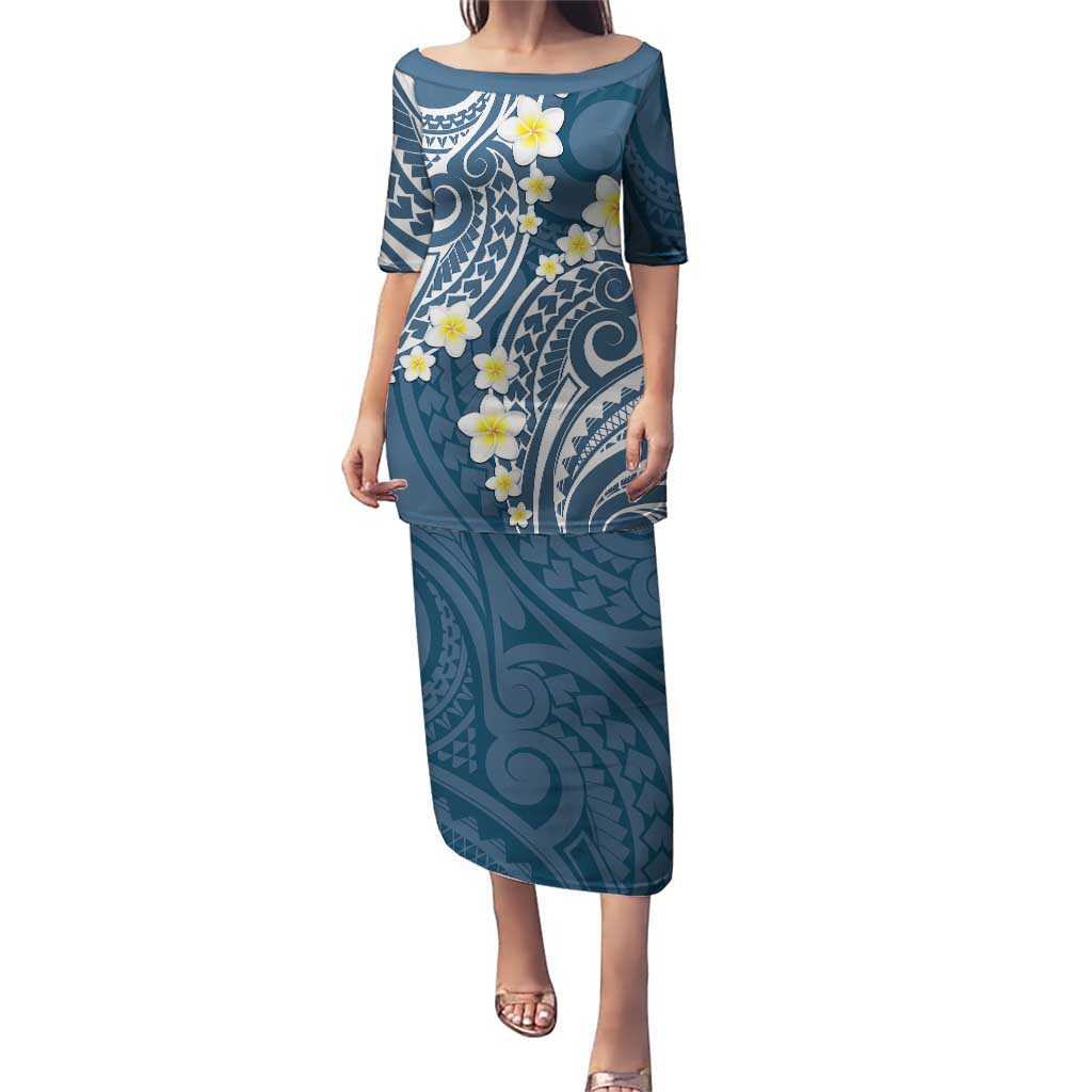 Plumeria With Blue Polynesian Tattoo Pattern Puletasi LT05 Long Dress Blue - Polynesian Pride