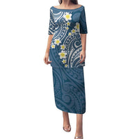 Plumeria With Blue Polynesian Tattoo Pattern Puletasi LT05 Long Dress Blue - Polynesian Pride