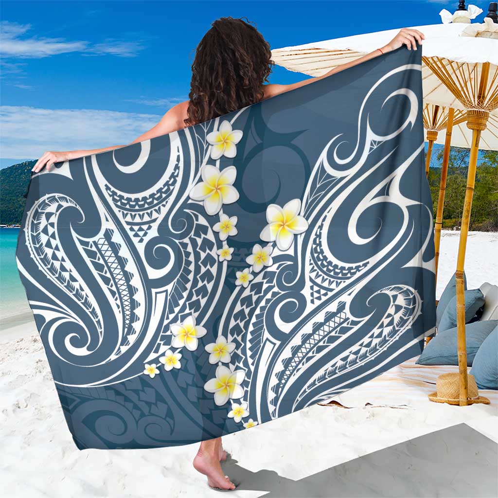 Plumeria With Blue Polynesian Tattoo Pattern Sarong