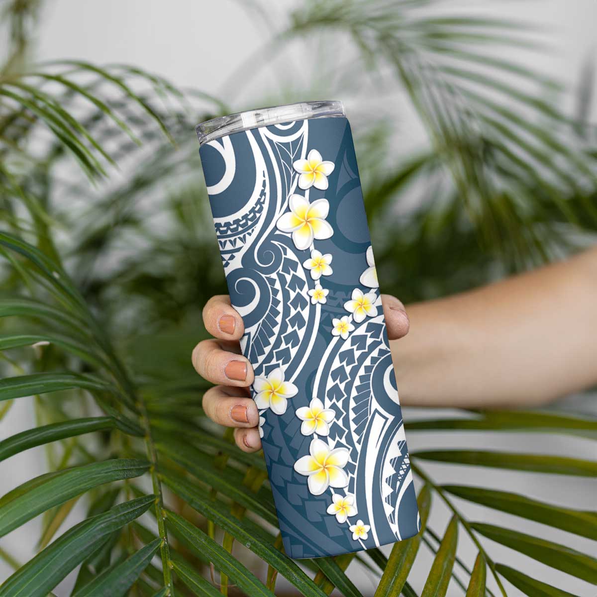 Plumeria With Blue Polynesian Tattoo Pattern Skinny Tumbler LT05 - Polynesian Pride