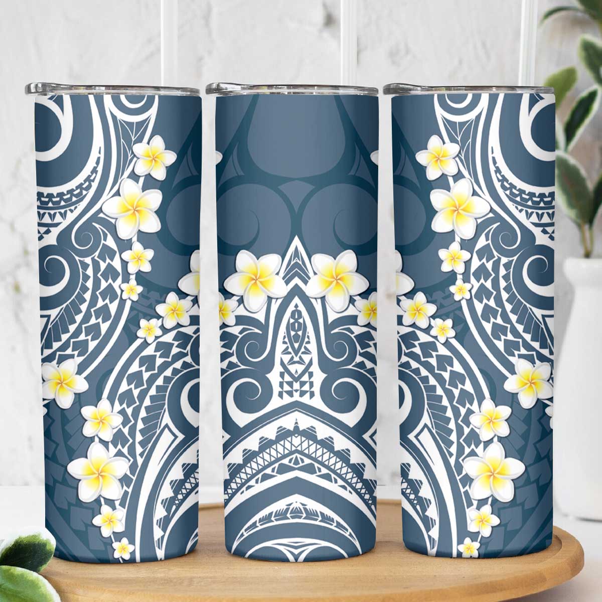 Plumeria With Blue Polynesian Tattoo Pattern Skinny Tumbler LT05 - Polynesian Pride